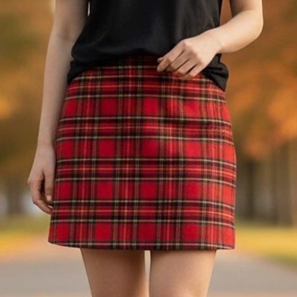 J.Crew Mini Skirt Womens 8 Red Tartan Plaid Wool Blend A-Line BC891